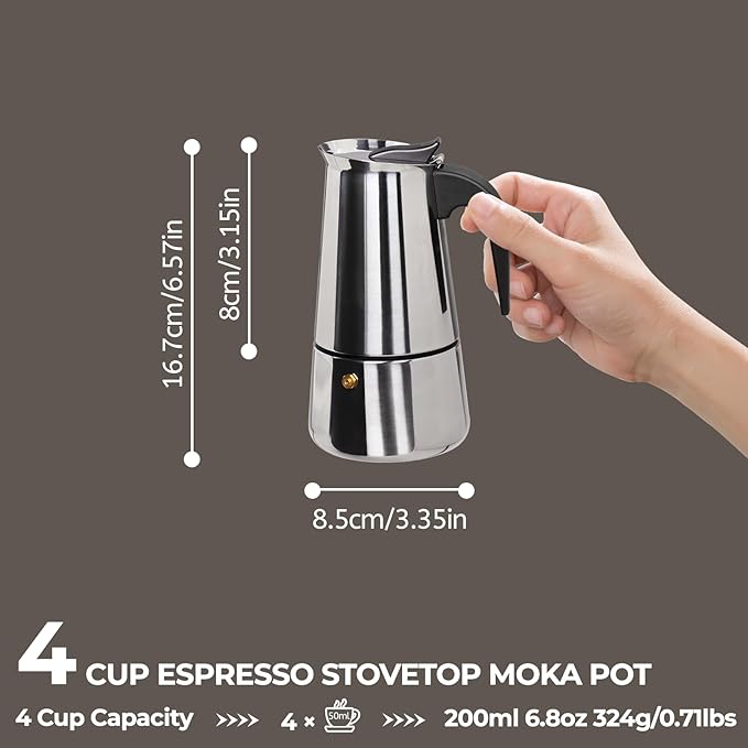 4 Cup 200ml Moka Pot Stainless Steel Espresso Coffee Maker Stovetop Percolator Coffeemaker Italian Classic Style Brewing Greca Cafe Mocha Machine for Cafeteras Lover Camping Travel and Home Use 6.6oz