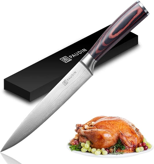 PAUDIN 8-Inch Carving Knife - Ultra Sharp Brisket Slicing Knife, Premium German Stainless Steel With Ergonomic Handle for BBQ, Roast, Meats and Vegetables