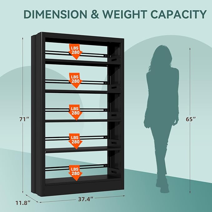 71" Metal Book Shelf,5 Tier Bookshelf with Adjustable Shelves,Black Bookshleves and Bookcases,Heavy Duty Library Book Case,Modern Open Bookshelf for Living Room,Bedroom,Office (Black)