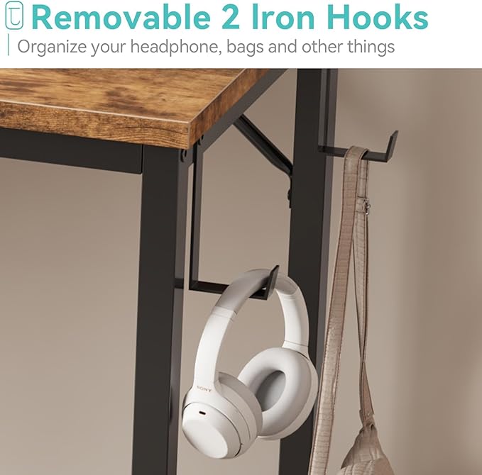 Lufeiya Small Desk for Small Spaces, 32 Inch Kids Girls Study Writing Desks for Bedroom, Simple Modern Laptop PC Little Side Table with Storage Bag Headphone Hooks, Rustic Brown