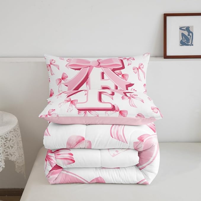 jejeloiu Kids Girls Cute Pink Bow Comforter Set King Size Monogrammed Bedding Set Ultra Soft Personalized Initial F Duvet Quilt Coquette Bow Knot Quilt Set Room Decor Modern Fashion Comforter