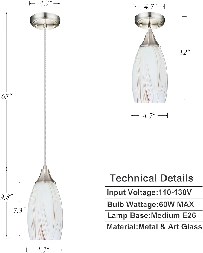 Mini Milk Glass Pendant Lights,Handcrafted Art Glass Pendant Hanging Light fixtures with Brushed Nickel Finish Adjustable Cord Glass Pendant Light Shade for Kitchen Island,Hallway,Dining Room