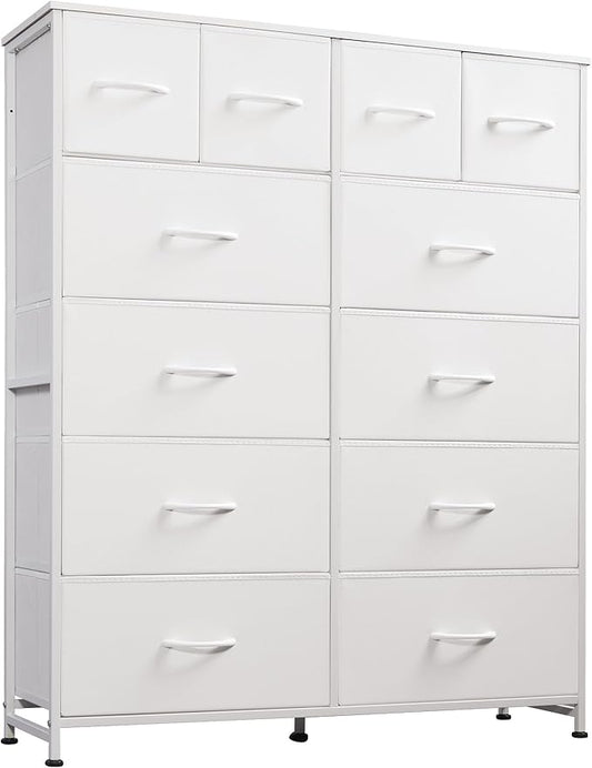 WLIVE Storage Organizer Unit with 12 Fabric Bins, Storage Drawers Organizer with Steel Frame, Tall Storage Tower Organizaton for Living Room, Hallway, Office, White