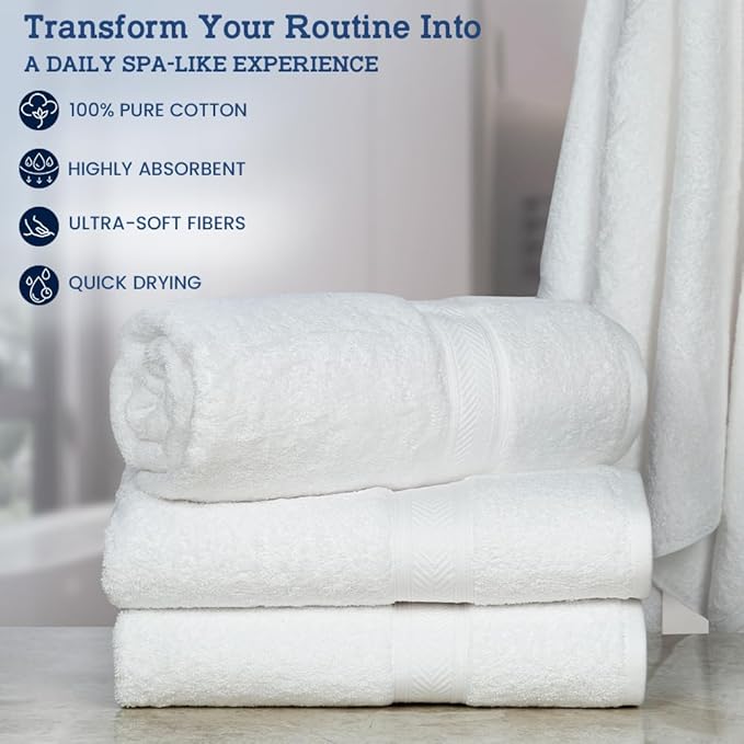 Casa Lino White Bath Towels Set of 4 (54" x 27") - Large Bathroom Towel Set - 100% Cotton Towels for Bathroom - Highly Absorbent & Quick Dry Bath Towel Multipack - New Apartment Essentials