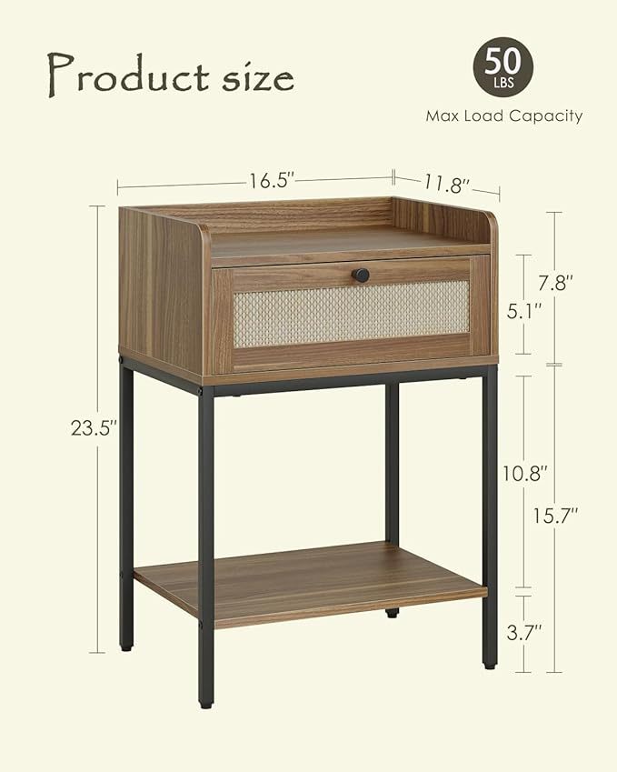 Nightstand,3-Tier Modern Night Stand,Bedside Table with Storage Drawer and Shelf,Small Side Table for Bedroom,Living Room,Walnut Brown