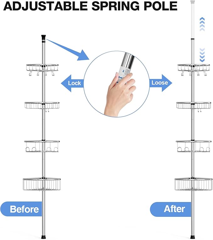 Corner Shower Caddy Tension Pole: Stainless Steel Rustproof 4-Tier Shower Organizer - 47-121 inch Adjustable Bathroom Shelves for Bathtub Shampoo Storage - Tension Rod Floor Standing Bath Rack -Silver