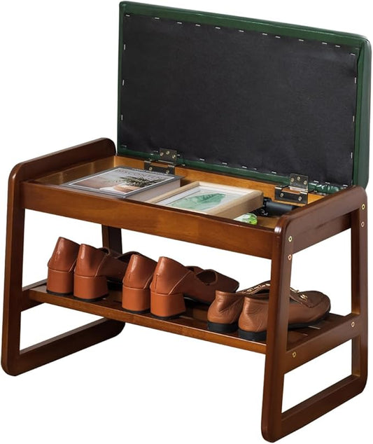 Shoe Rack Bench, Solid Wood Entryway Bench with Flip-Open Storage Box for Entry, Hallway (Green-21.65")