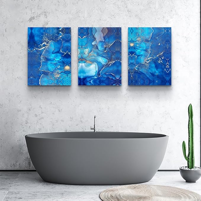 MHARTK66 Canvas Wall Art For Living Room Large Wall Decorations For Bedroom Modern Bathroom Wall Decor Painting Blue Abstract Pictures Artwork Inspirational Canvas Prints Art Home Decor 3 Pieces