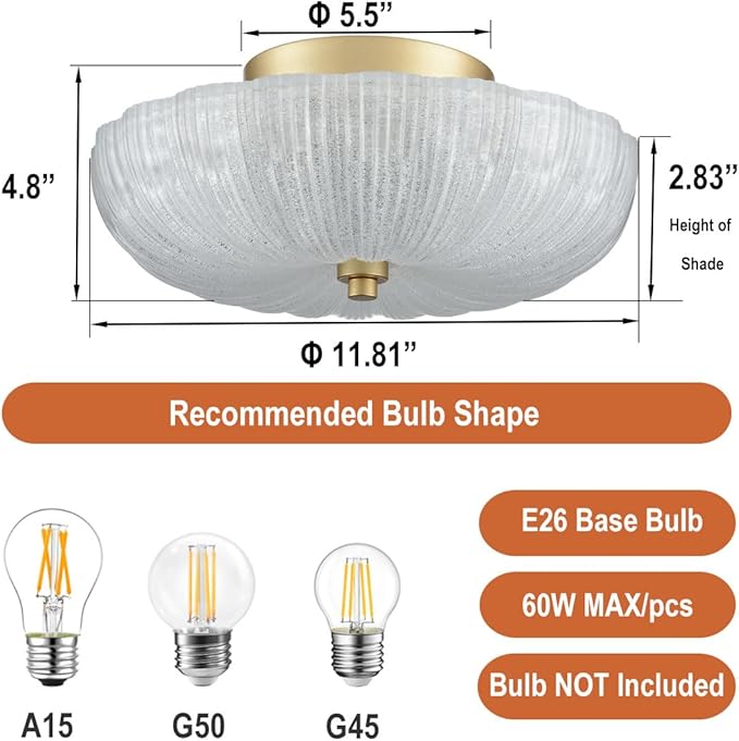 DIRYZON Modern 3-Light Ceiling Light Fixture,Brass Hallway Light Fixtures Ceiling,Semi Flush Mount Ceiling Light with 12 Inch Fine Sand Glass for Kitchen Living Room Bedroom