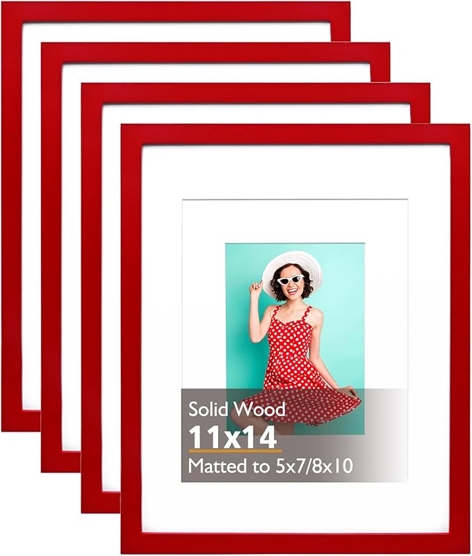 KINLINK 11x14 Picture Frame Red, Solid Wood Frames with Acrylic Plexiglass for Pictures 5x7/8x10 with Mat or 11x14 without Mat, Tabletop and Wall Mounting Display, Set of 4