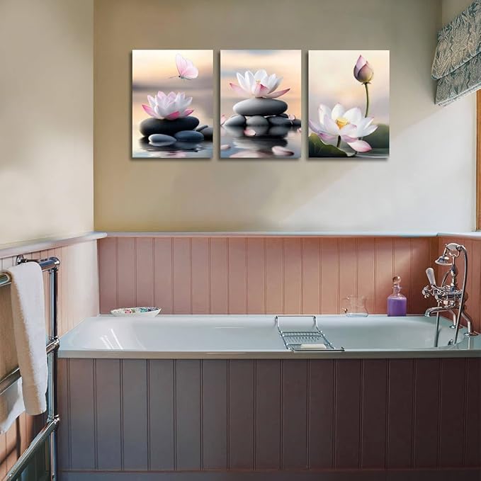 Arjun Flower Pink Lotus Wall Art Canvas Zen Stones Black Painting White Flower Pond Floral Bloosm Framed for Bathroom Spa Salon Living Room Bedroom Kitchen Home Office Wall Decor, 12"x16"x3 Panels