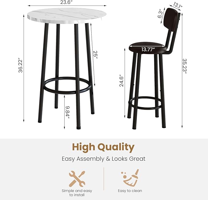 Dining Table Set, 23.6" Round Faux Marble Table with 2 PU Upholstered Backrest Chairs, 3-Piece Kitchen Dining Room Set for Small Spaces, Kitchen, Restaurant Furniture, White