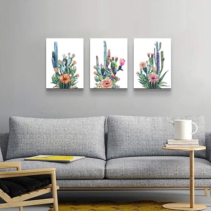 Wall Art for living room Canvas Prints Artwork bathroom Wall Decor Simple Life Green plants cactus Picture Watercolor painting 3 Pieces Framed bedroom wall decorations Office Works Home Decoration