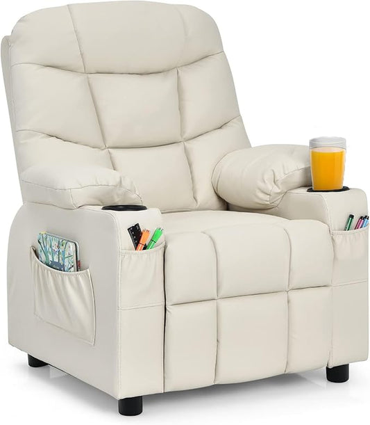 Kids Recliner, Kids Recliner Chair w/ 2 Cup Holders, PU Leather Kids Chairs Compy w/Adjustable Backrest & 3 Pockets, Toddler Furniture Sofa for Boys Girls Aged 3+ (Beige)