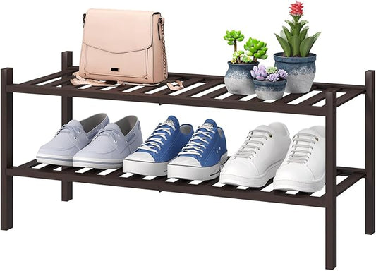 2-Tier Shoe Rack for Entryway, Bamboo Shoe Rack for Closet, Free Standing Shoe Racks for Indoor Outdoor, Stackable Shoe Shelf Storage Organizer for Hallway Closet