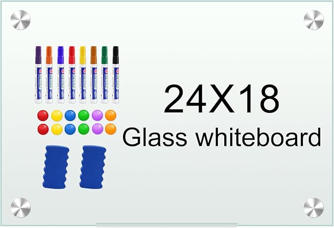 H-Qprobd White Board 24”x18“ Magnet Dry Erase Boards Frameless Magnetic Glass Whiteboard for Wall, Wall Mounted Whiteboard Includes 12 Magnets, 8 Markers and 2 Erasers