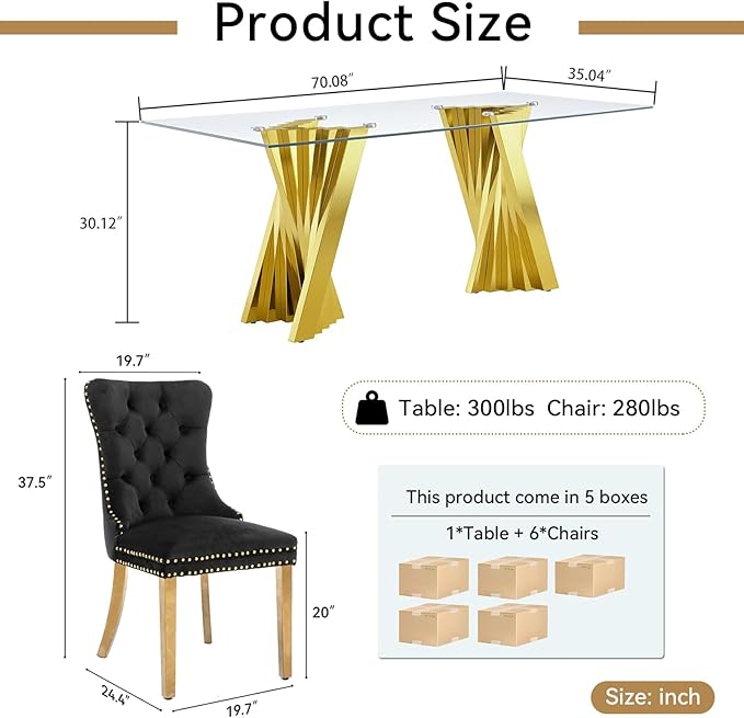 Goujxcy 70" Glass Dining Table Set for 6, Modern Gold Dining Table Set with 6 Black Velvet Upholstered Dining Chairs, 7 Piece Kitchen Dining Room Table Set with Stainless Steel Legs