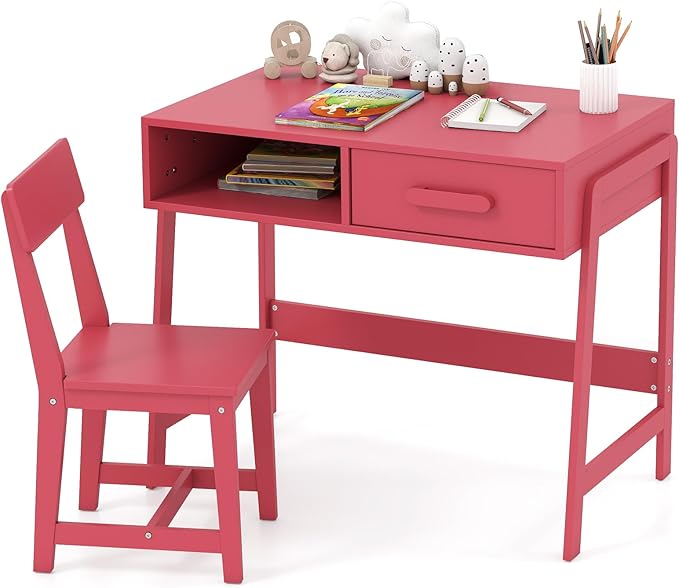 HONEY JOY Kids Desk and Chair Set, Wooden Children School Study Table and Chair w/Storage Drawer & Hutch, Student Writing Desk Computer Workstation for Bedroom, Gift for 3+ Years Old (Pink)