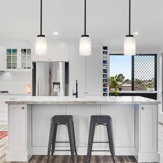 Black Pendant Light Fixture with Opal White Glass, Farmhouse Mini Chandelier for Kitchen Island Hallway