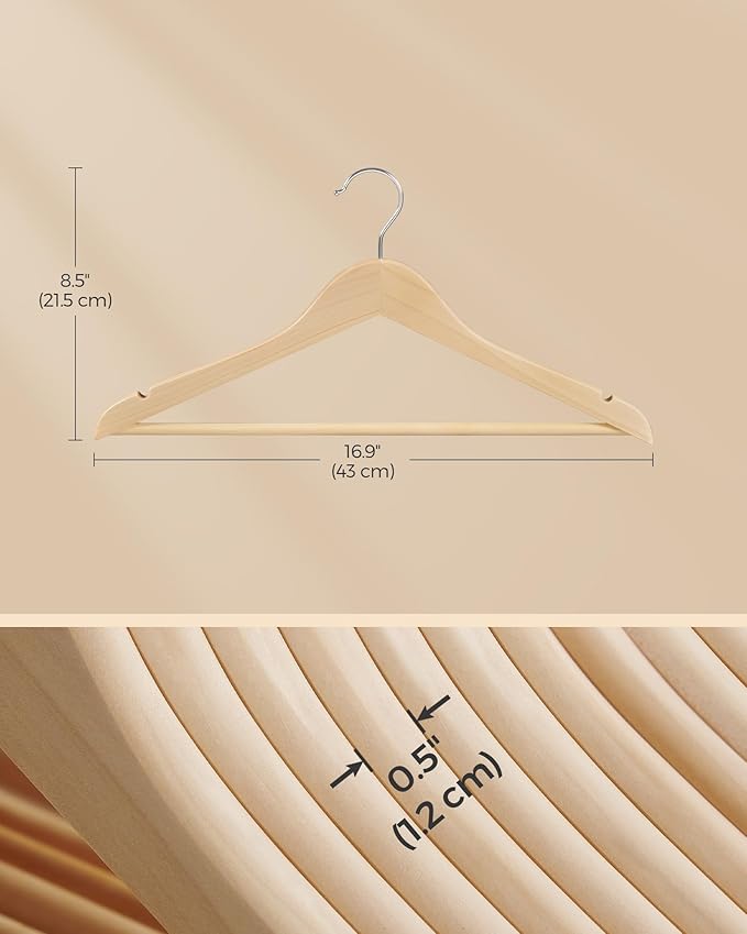 SONGMICS Wooden Hangers, Pack of 12, Coat Hangers, Non-Slip, Pants Bar, 360° Swivel Hooks, for Jackets, Shirts, Coats, Natural Beige UCRW010N12