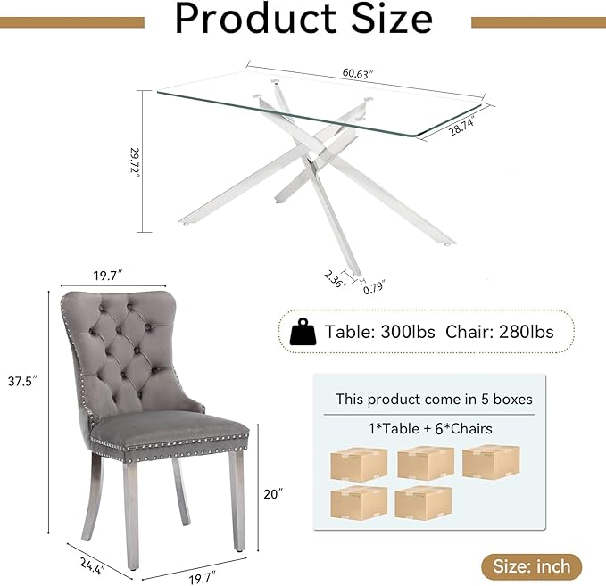 Goujxcy Glass Dining Table Set for 6, Modern Kitchen Table and Chairs Set of 6, 7-Piece Kitchen Dining Room Table Set w/61 Glass Silver Dining Table and 6 Gray Velvet Upholstered Chairs