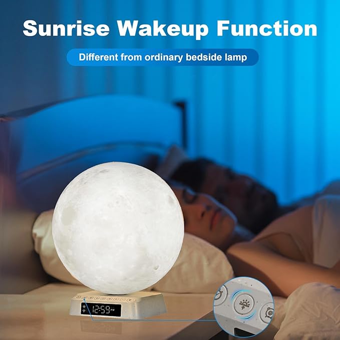 Moon Clock Light Alarm Clock Wake up Lamp Cute Aesthetic Alarm Clock Nightstand lamp UV-Free LED Sunrise lamp for bedrooms Built-in White Noise APP Control Bioclock Adjustment