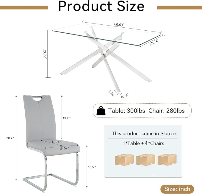 Modern Glass Dining Table Set for 4, Silver Glass Kitchen Table and Chairs Set of 4, 5 Piece Dining Room Table Set with 61" Rectangular Metal Glass Dinner Table and 4 Grey Leather Dining Chairs
