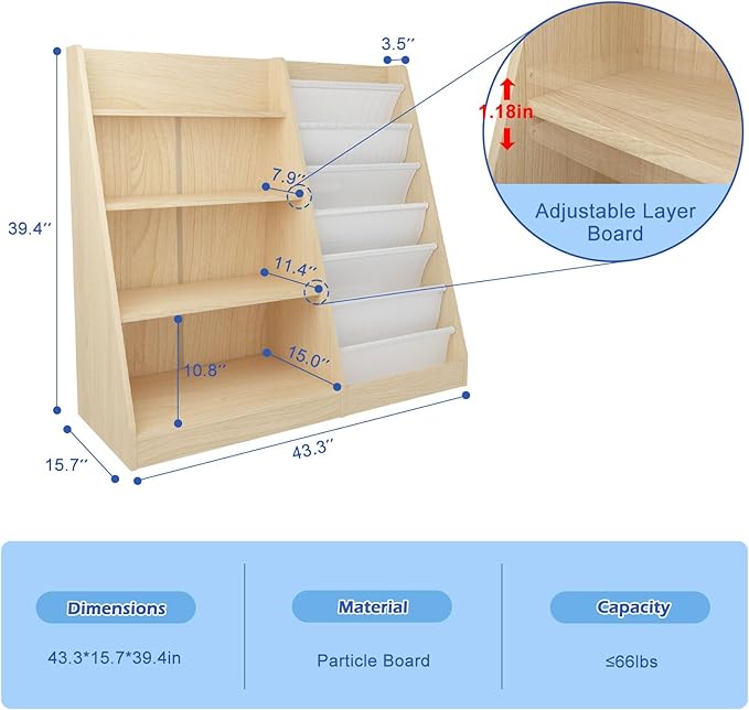 4 Tier Kids Bookshelf Baby Toddler Book Rack Children Bookcase Toy Storage Organizer with 6 Sling Adjustable Shelf for Nursery Playroom Classroom Library Bedroom Natural Wood