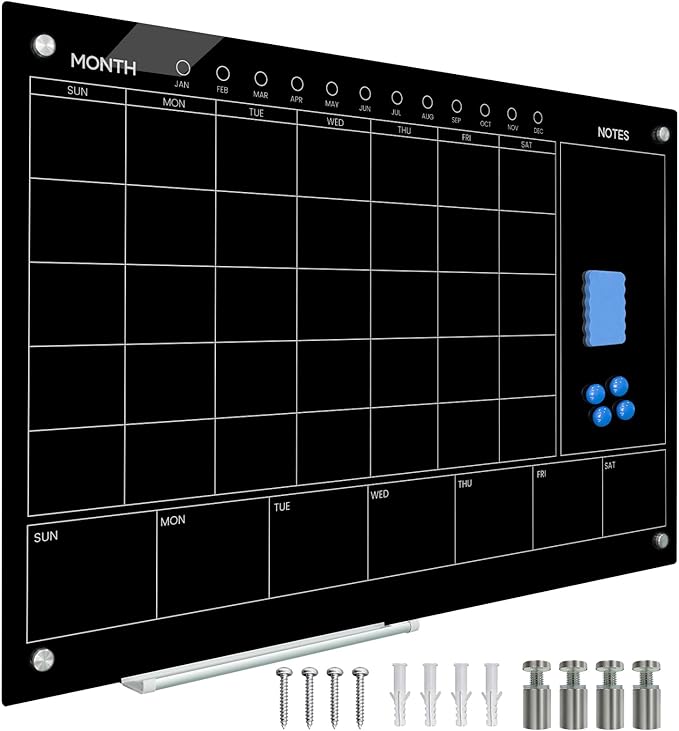 Magnetic Glass Whiteboard 36X24 Monthly Planner Calendar Dry Erase Board for Home, School, Office, Frameless, with Markers, Marker Tray, Eraser, Magnets (Black)