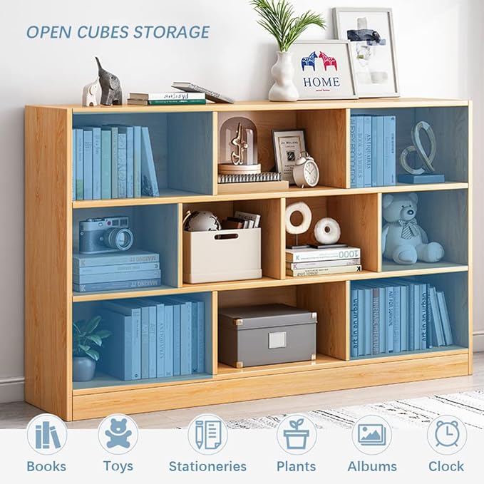 IOTXY Open Shelf Low Bookcase - Wooden 3-Tier Floor Standing Display Cabinet Organizer with Base, 8 Cubes Short Horizontal Bookshelf in Bright Blue