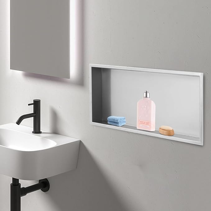 Stainless Steel Shower Niche, 12x24 Inch Recessed Shower Shelf, Wall Seamless Design with Angled Edges for Modern Bathroom Storage