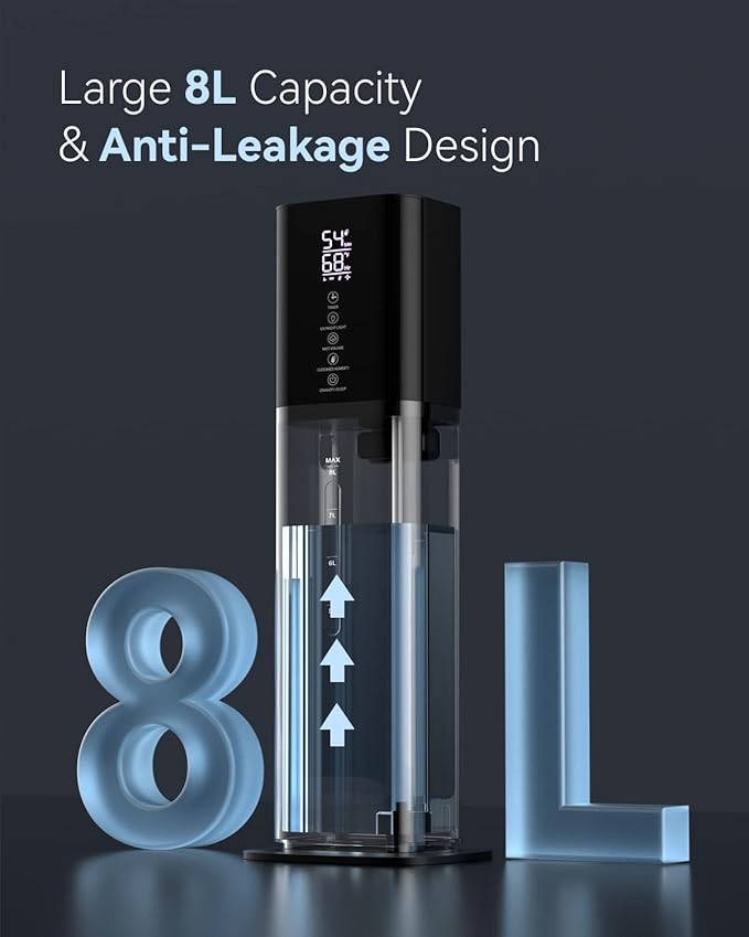 Humidifiers for Bedroom, 2.11Gal 8L Quiet Humidifiers for Large Room with Timer, 360°Nozzle, 3 Speed Ultrasonic Cool Mist Humidifier with Humidistat for Baby Home Adults Plants