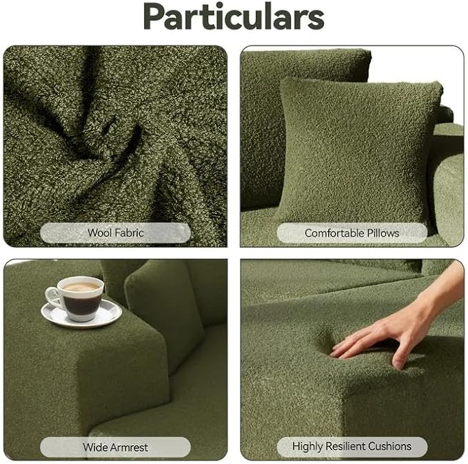 Cloud Wool Modular Sectional Sofa with Chaise, 106" L-Shaped Sofa Couch for Living Room, Deep Seat Plush Boneless Couches, Includes Pillows, Left Chaise, Green