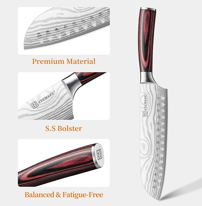 KEEMAKE 7 Inch Japanese Santoku Knife, Ultra-Sharp 1.4116 High Carbon Steel Blade with Pakkawood Handle, Professional Chef's Knife for Kitchen w/Sheath and Gift Box