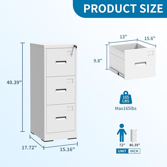 AQY 3 Drawer File Cabinet with Lock, Metal White Filing Cabinets for Home Office, 18" Deep Heavy Duty Vertical Storage Cabinet for Hanging A4/Letter/Legal Size Files, Assembly Required