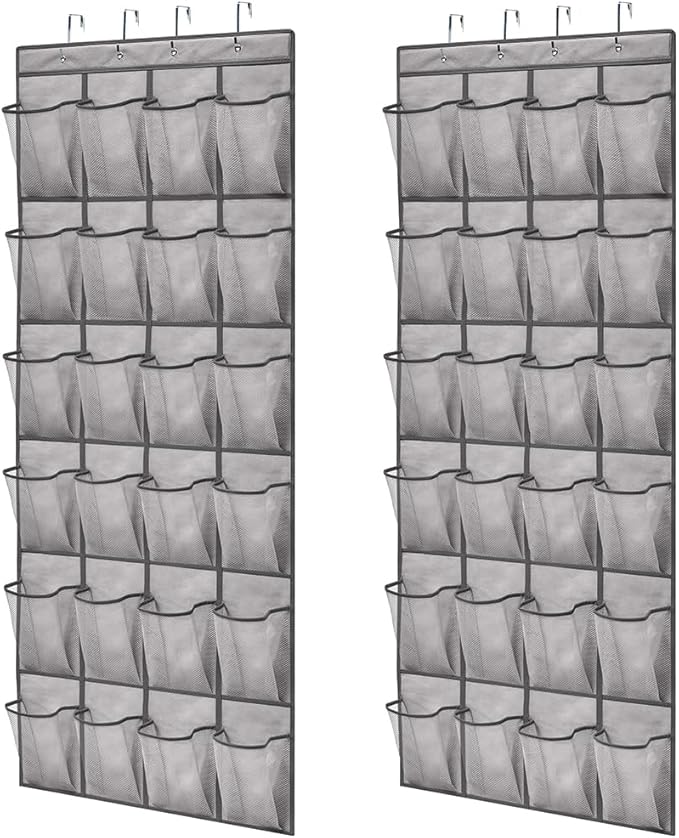 GORILLA GRIP Over the Door Shoe Organizer, 2 Pack, 24 Breathable Mesh Pockets, Space Saving Hanging Storage Holder, Closet Rack Hanger Holds Up to 40 lbs, Hangs on Closets, Shoes, Accessories, Gray