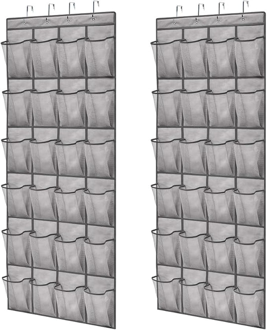 GORILLA GRIP Over the Door Shoe Organizer, 2 Pack, 24 Breathable Mesh Pockets, Space Saving Hanging Storage Holder, Closet Rack Hanger Holds Up to 40 lbs, Hangs on Closets, Shoes, Accessories, Gray