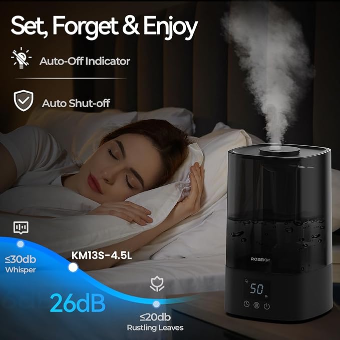 Automatic Humidifiers for Bedroom Large Room, 4.5L Cool Mist Humidifier for Home & Plant with Timer & Humidity Sensor, Last Up to 18H on High Setting, Auto Shut-Off, 360° Nozzle (Black)