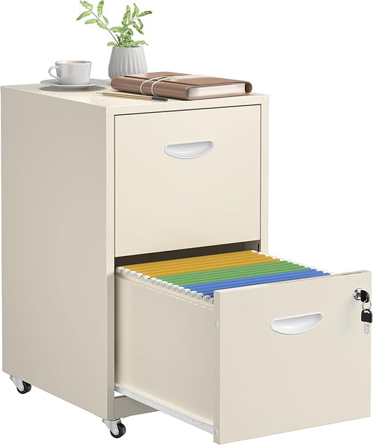 2 Drawer File Cabinet with Lock，Cream Rolling File Cabinet for Home Office, Metal Small Mobile Filing Cabinets on Wheels for Hanging Letter
