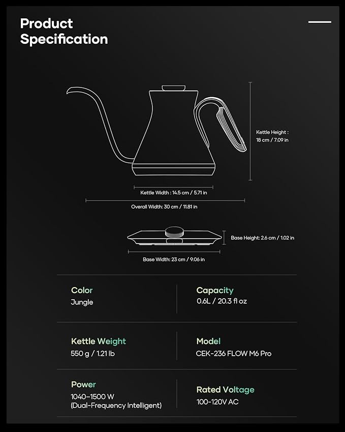 Cocinare FLOW M6 Pro Electric Gooseneck Kettle with Color-Changing Design, ±0.5℉ Temperature Control for Pour-over Coffee & Tea, Stainless Steel Interior, Quick Heating for Boiling Water (Jungle)