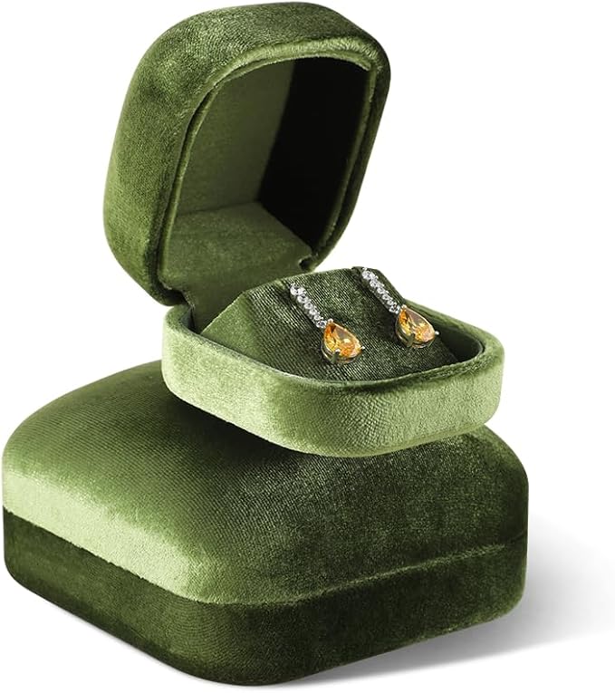 Resilient Velvet Ring Earrings Bracelet Necklace Display Box, Travel Mini Jewelry Organizer Case (Green, Earrings Box)