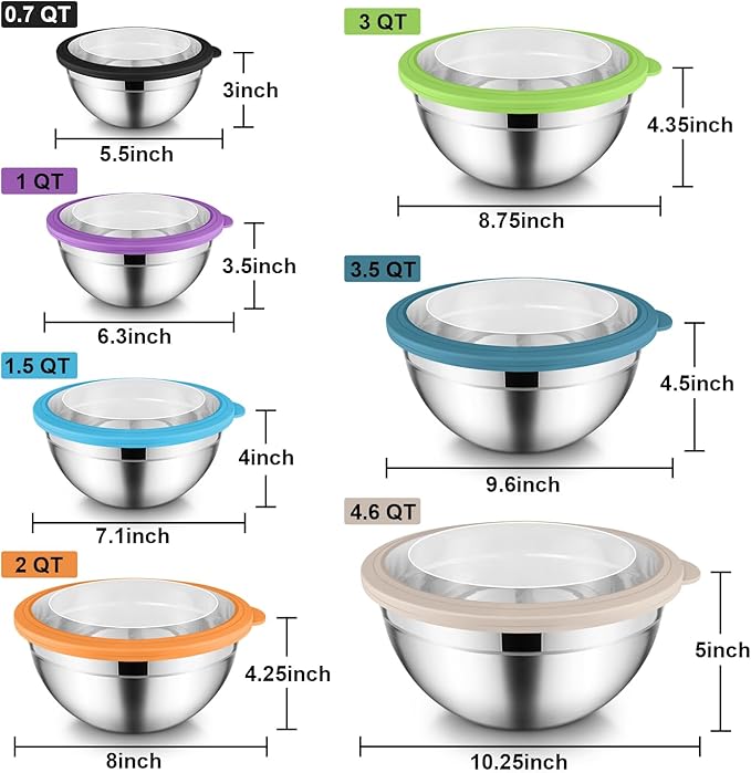 E-far Mixing Bowls Set of 7, Stainless Steel Mixing Bowls with Airtight Clear Lids, Metal Nesting Bowls for Kitchen Prep, Baking, Serving, Dishwasher Safe, Size 4.6, 3.5, 3, 2, 1.5, 1, 0.7QT, Colorful