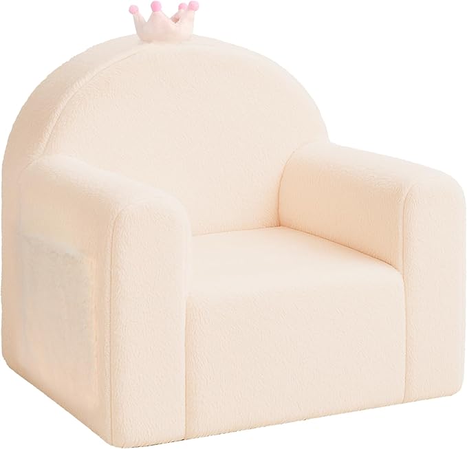 MONKISS Princess Toddler Chair, Cute Toddler Foam Couch, High Back Kids Reading Armchairs, Birthday Gifts for Boys and Girls, 1-6 Years Old, SF07, Beige Crown