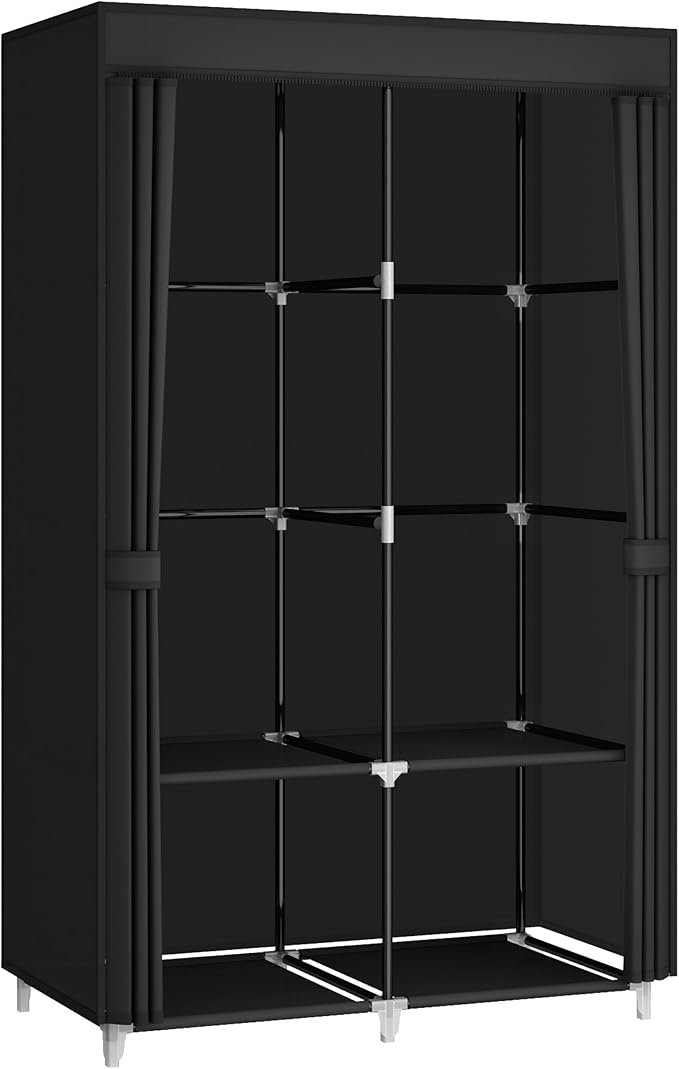 Portable Closet Wardrobe for Small Room, 35-Inch Clothing Organizer Storage Rack with 2 Clothes Hanging Rods and 4 Shelves, Non-Woven Fabric Cover, Black