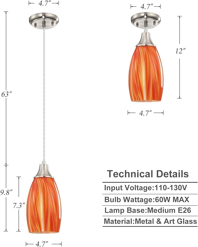 Glass Pendants Lights Kitchen Island Handcrafted Art Glass Mini Pendant Light Fixtures Oval Pendant Light Shade with Brush Nickel Finish Adjustable Cord for Kitchen Over Sink,Hallway,Dining/Bath