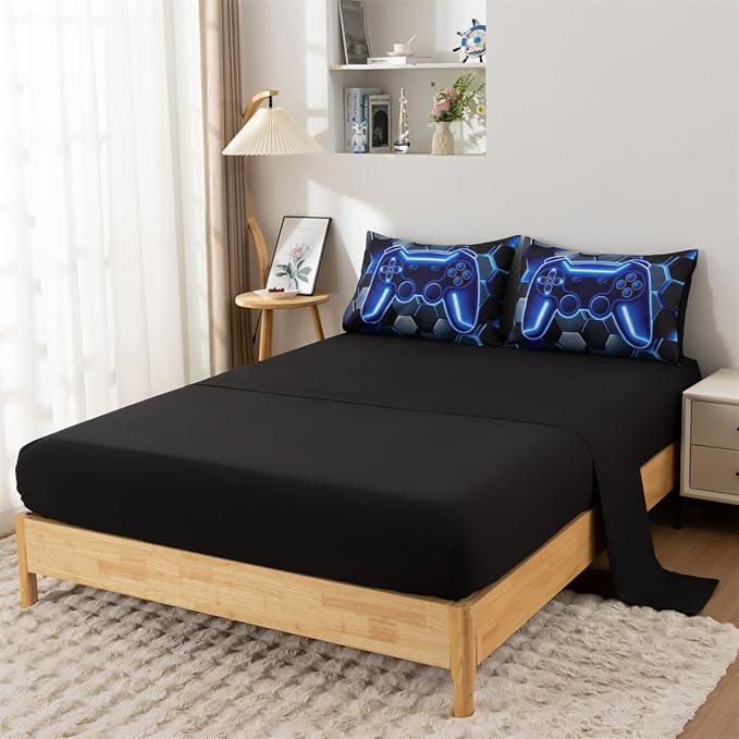 NTBED 3D Gaming Comforter Set for Boys Kids Teens,5pcs Gamer Bedding Sets with Sheet,Game Console Bed in a Bag (Blue, Full)