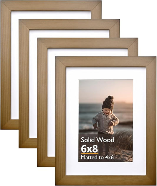 KINLINK 6x8 Picture Frame Brown, Solid Wood Frames with Acrylic Plexiglass for Pictures 4x6 with Mat or 6x8 without Mat, Tabletop and Wall Display Photo Frame, Set of 4