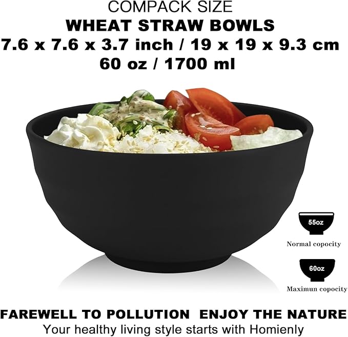 Homienly 60 OZ Salad Bowls,Large Soup Bowls Set of 8,Wheat Straw Bowl Sets,Unbreakable Large Serving Bowls,Big Cereal Bowl for Kitchen, Salad, Soup, Microwave and Dishwasher Safe Bowl - Black