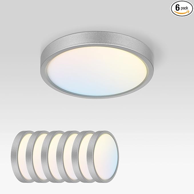 ASD LED 7" Round Flush Mount Ceiling Light Fixture, Low Profile Surface Lighting | 5CCT, Dimmable, Ultra-Thin, ETL Listed | 15W 1260LM 2700-6000K 120V | Kitchen, Bedroom, Hallway Lamp | Nickel, 6 Pack