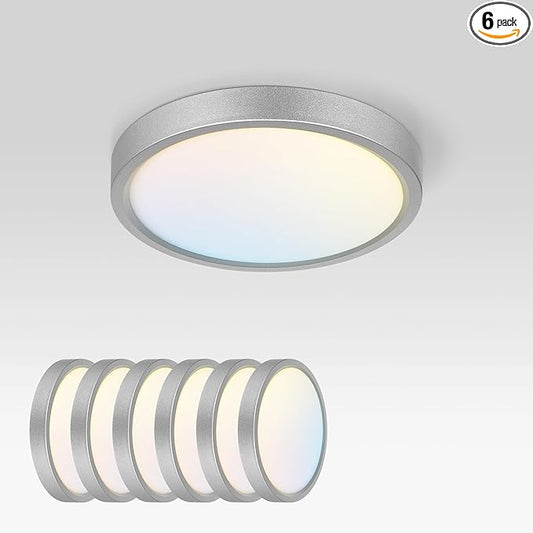 ASD LED 7" Round Flush Mount Ceiling Light Fixture, Low Profile Surface Lighting | 5CCT, Dimmable, Ultra-Thin, ETL Listed | 15W 1260LM 2700-6000K 120V | Kitchen, Bedroom, Hallway Lamp | Nickel, 6 Pack